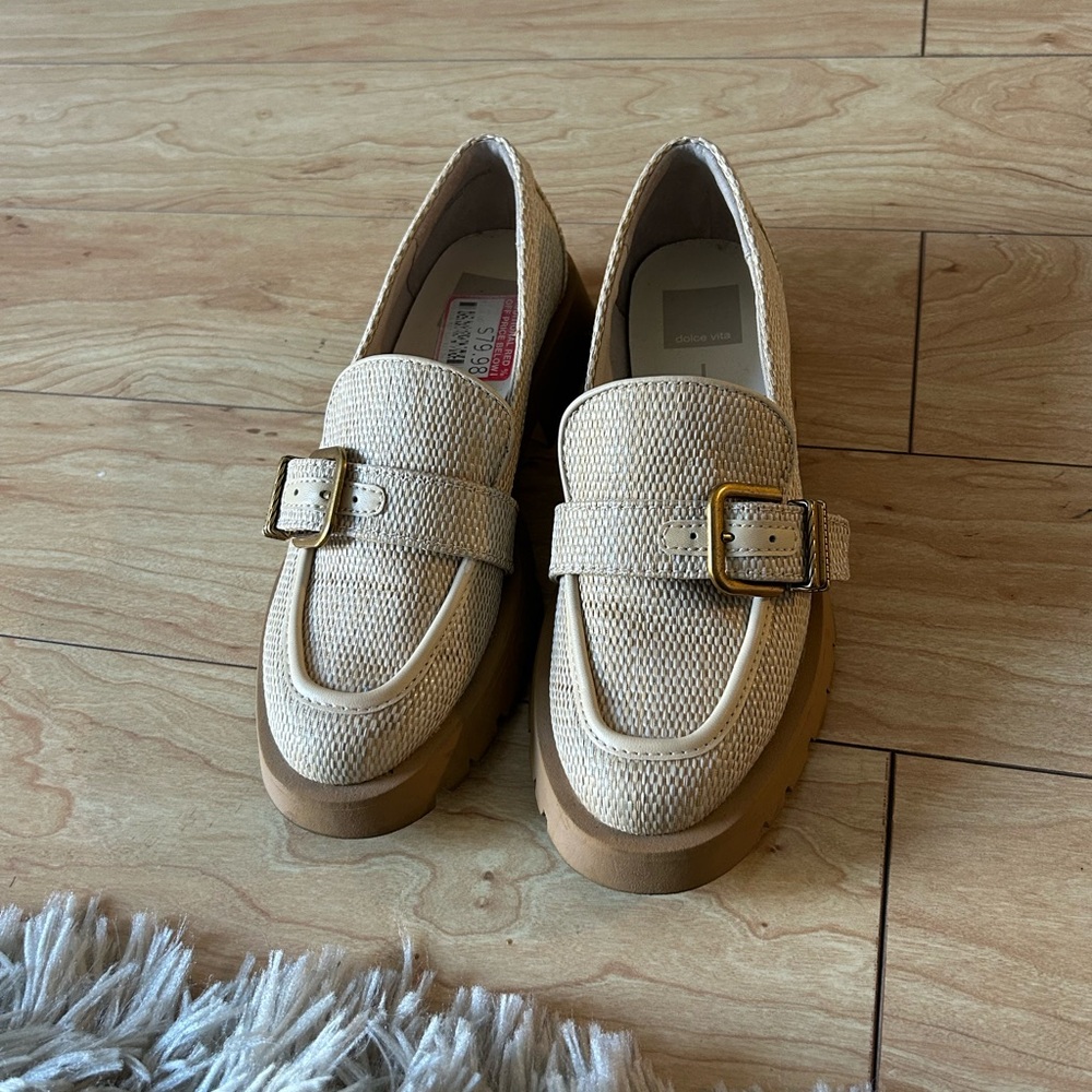 DV by Dolce Vita Cream Woven Loafers with Gold Buckle and Tan Platform